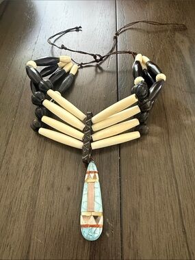 Vintage Native Handcrafted Tribal Bone Necklace with Turquoise Inlay